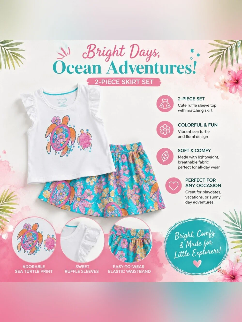 Ocean Adventures Sea Turtle 2-Piece Skirt Set - White & Turquoise